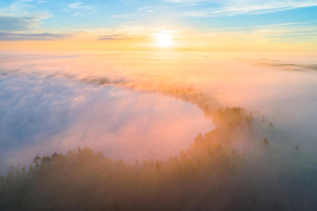 Foto aérea da manhã de neblina no pântano de Yelnya, Bielorrússia