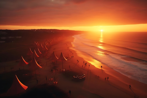 Foto aérea de guarda-chuvas de praia durante um pôr-do-sol