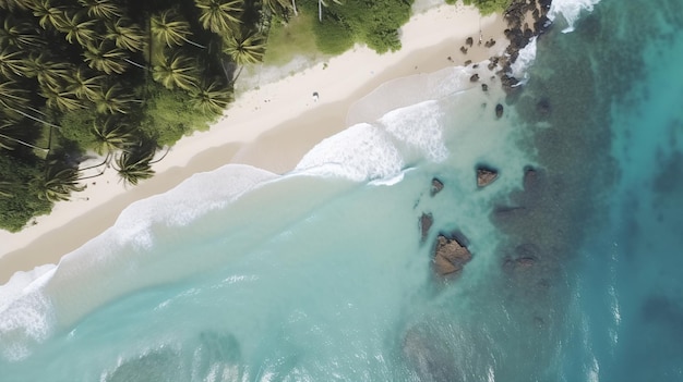 Foto aérea de tirar o fôlego com drone com vista superior de uma praia tropical, ideal para folhetos de viagem