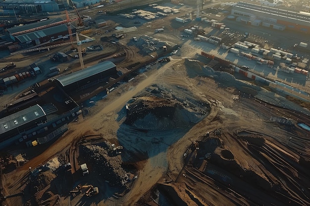 Foto aérea de um local de construção industrial movimentado