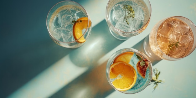 Foto aérea de uma bebida refrescante de gin e tônica com luz solar e sombras Generative ai