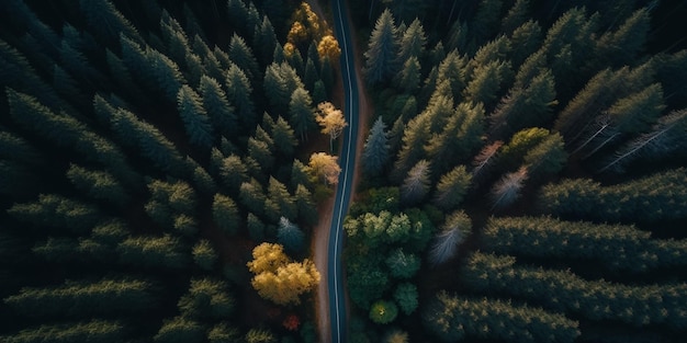 Foto aérea de uma estrada na floresta