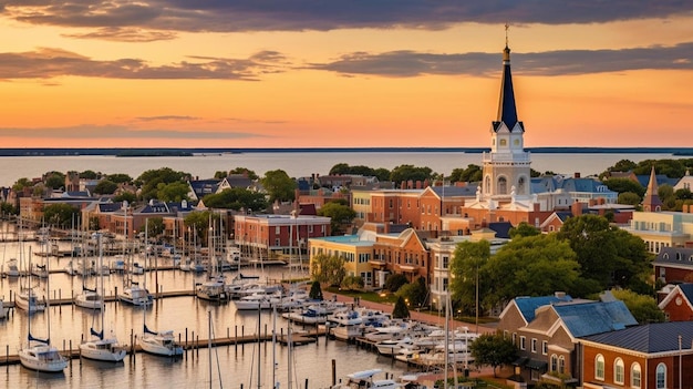 Foto aérea do centro de Annapolis, Maryland, durante o pôr do sol.