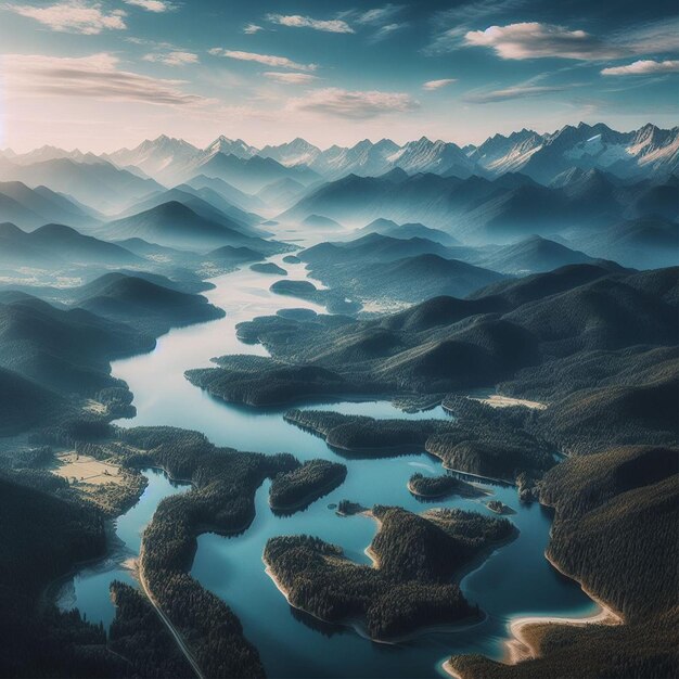 foto aérea feita com um drone de uma paisagem montanhosa com rios pântanos 3