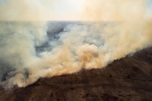 Foto foto aérea de incendios forestales quemando hierba seca en el campo incendio peligroso en el campo