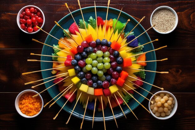 Una foto aérea de palillos de dientes y un plato de pinzas de frutas de colores