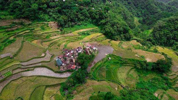 Foto foto aérea en particular de una pequeña aldea de habitantes en terrazas de arroz de banaue en la isla de filipinas