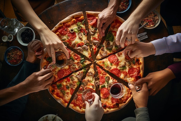 Una foto aérea de una pizza que se sirve en una fiesta de pizza casual