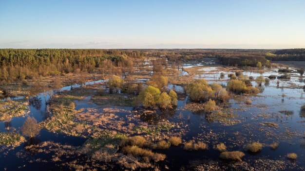 Foto aérea del valle inundado de un pequeño río en Ucrania Inundaciones de primavera