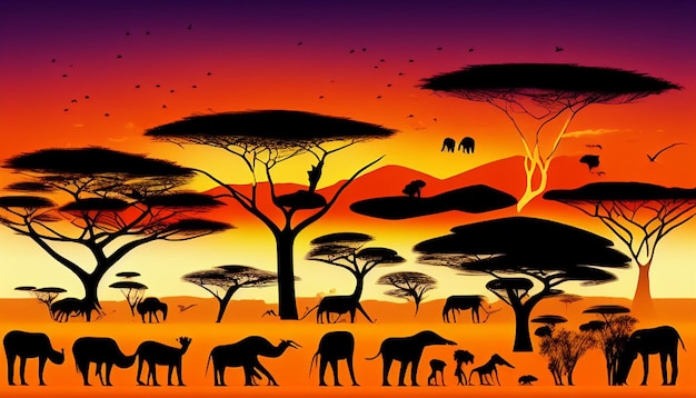 Foto afrikanische Landschaft mit der Silhouette vieler Tiere bei Sonnenuntergang generative ai