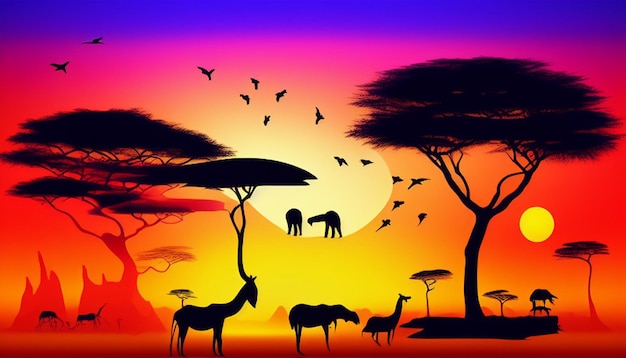 Foto afrikanische Landschaft mit der Silhouette vieler Tiere bei Sonnenuntergang generative ai