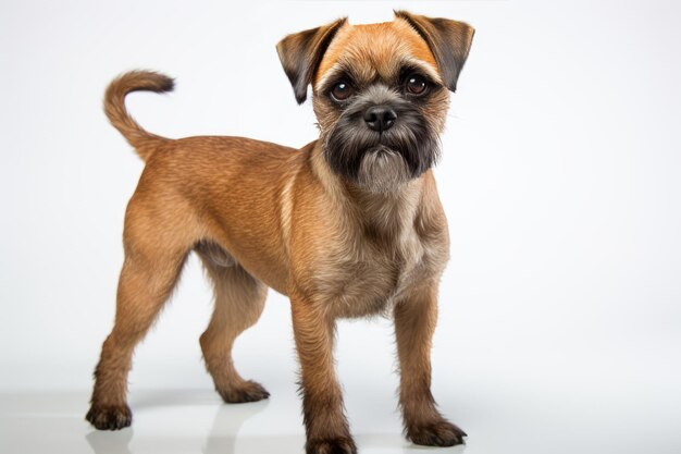 Foto de un ágil Border Terrier en una postura lúdica en una encimera blanca limpia AI generativa