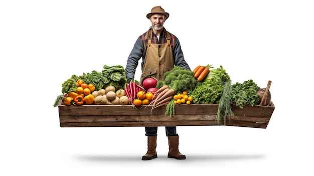 Una foto de un agricultor con un bushel de verduras