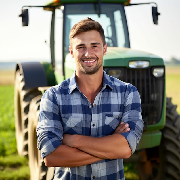 Foto foto de un agricultor feliz en su granja agrícola con un fondo aislado de la agricultura