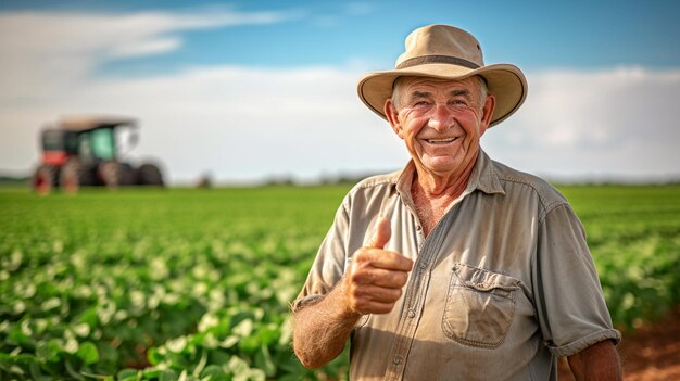 Foto de un agricultor feliz en su granja agrícola con un fondo aislado de la agricultura