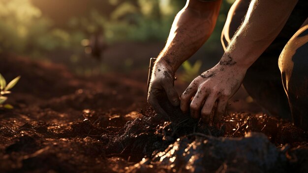 Una foto de un agricultor incorporando abono al suelo.