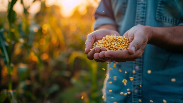 Una foto de un agricultor sosteniendo granos de maíz en su mano generada por inteligencia artificial