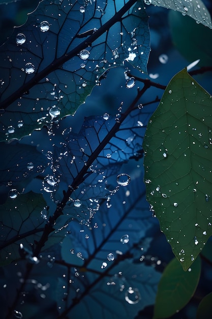 foto de agua salpicando frente a hojas con iluminación azul oscuro