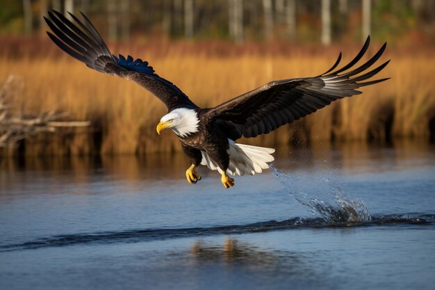 Foto foto de un águila calva volando bajo sobre un pantano