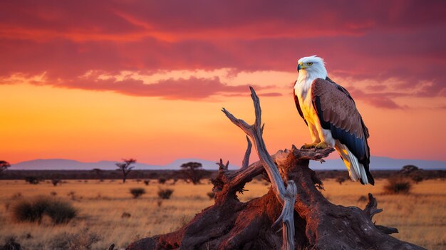 Foto del águila pescadora africana en la sabana al atardecer