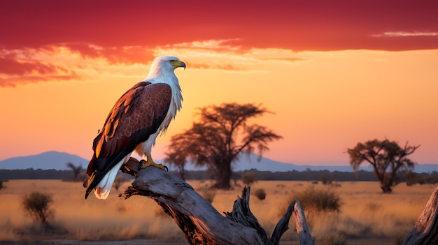 Foto del águila pescadora africana en la sabana al atardecer
