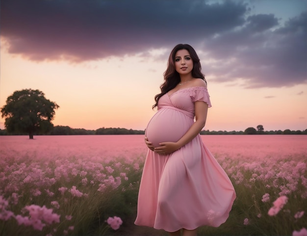 Foto AI de uma linda mulher latina grávida em um vestido rosa