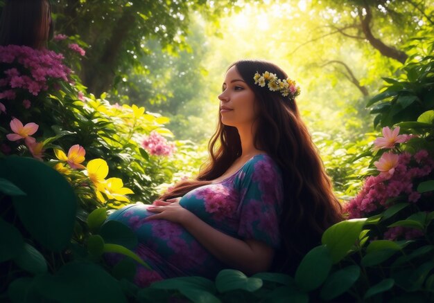 Foto Ai de uma mulher grávida sentada em uma clareira cercada por flores vibrantes e árvores exuberantes