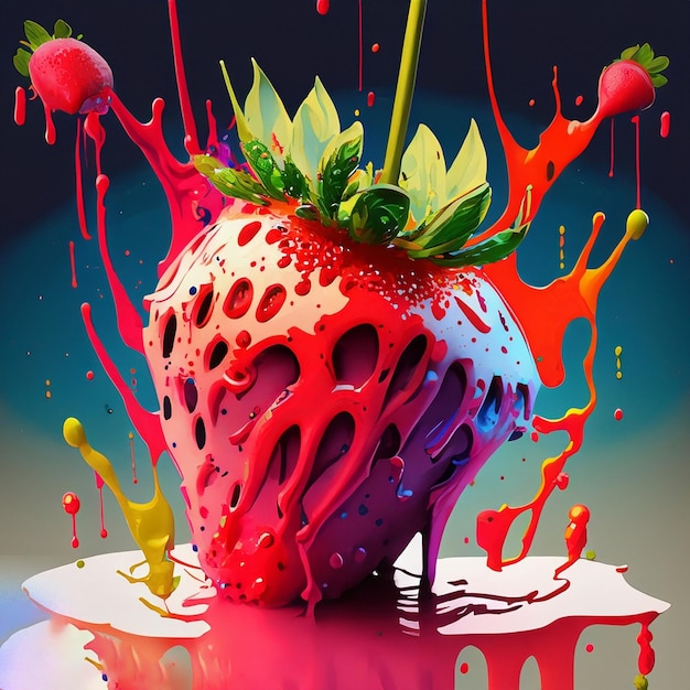 Foto ai ilustración generada fresa goteando con salpicaduras y gotas de pintura de colores