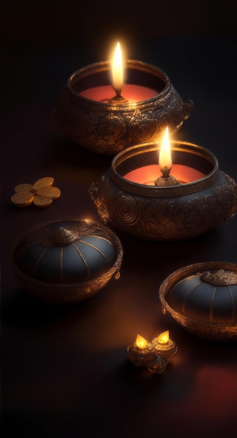 Foto AIGenerated Diwali Diya enfeites luzes em fundo escuro