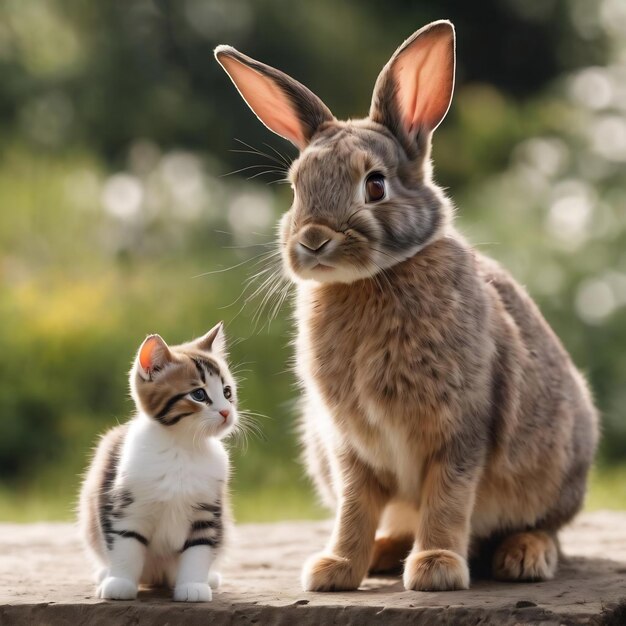 Foto una foto aislada de un conejo y un gatito sentados frente a un fondo blanco