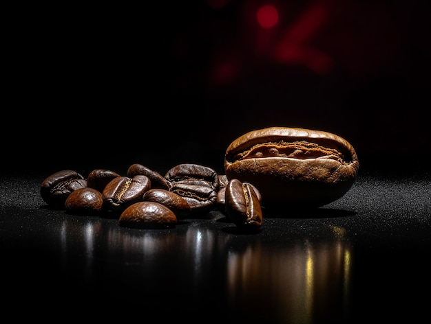 Foto aislada de granos de café sobre fondo negro generado por IA