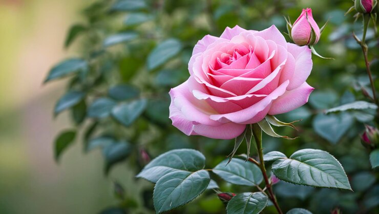 Una foto aislada y nítida de una sola rosa rosada con el jardín suavemente borroso detrás