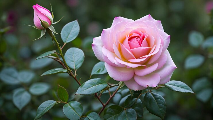 Una foto aislada y nítida de una sola rosa rosada con el jardín suavemente borroso detrás