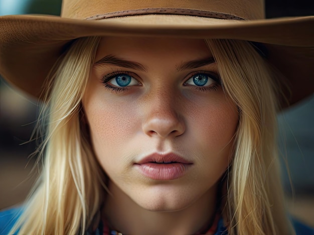 Foto al aire libre de cerca de una mujer hermosa con cabello rubio en sombrero de vaquero Tendencia central de la vaquera