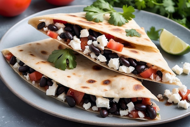 Foto al aire libre de quesdadilla con frijoles negros, queso feta desmenuzado, cebolla en cubos, tomate en cubos y cilantro