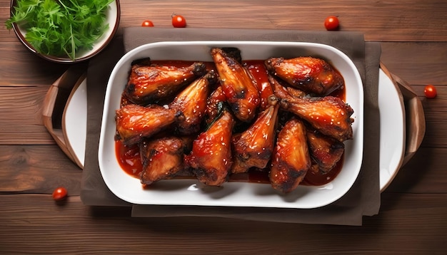 Foto alas de pollo horneadas al estilo asiático y salsa de tomate en el plato