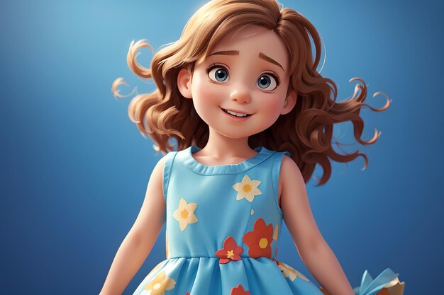 Foto alegre criança desenho animado ilustração feliz garotinha caucasiana em um vestido em um fundo azul