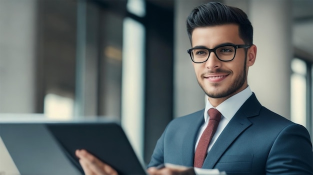 Una foto alegre joven empresario revisando el correo electrónico en la tableta