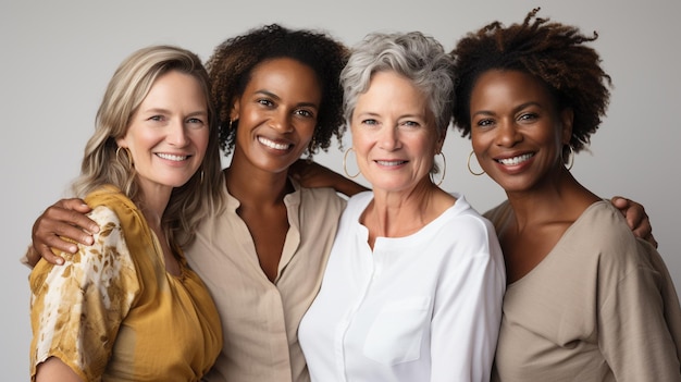 foto alegre mulheres caucasianas africanas de diferentes idades em camisas rindo geradas pela IA