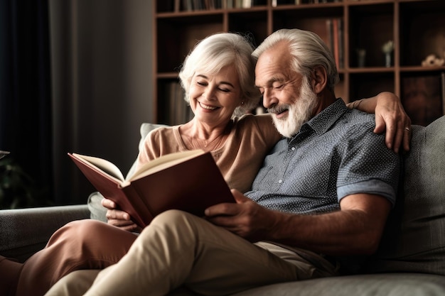 Foto de una alegre pareja de ancianos leyendo juntos en su sofá en casa creada con ai generativa