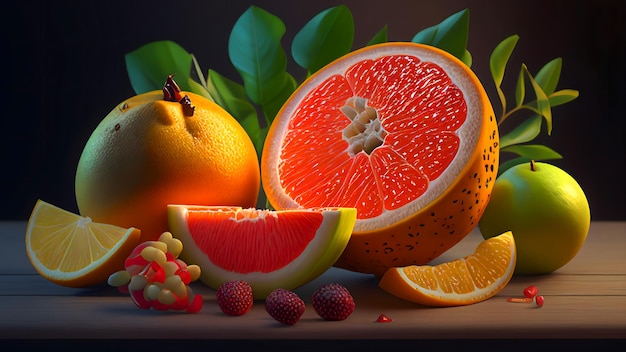 Foto algunas frutas frescas, fondo realista, ai generativo.