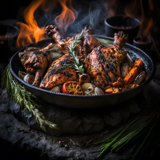 foto de alitas de pollo asadas a la parrilla en llamas con verduras asadas en salsa barbacoa