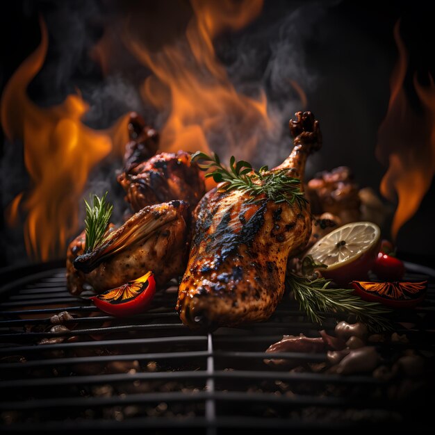 foto de alitas de pollo asadas a la parrilla en llamas con verduras asadas en salsa barbacoa