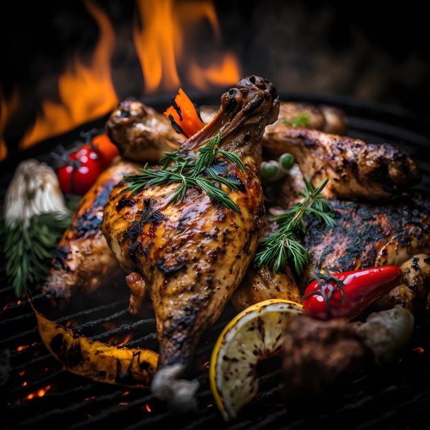 foto alitas de pollo a la parrilla en la parrilla en llamas con verduras a la parrilla en salsa barbacoa con pepp