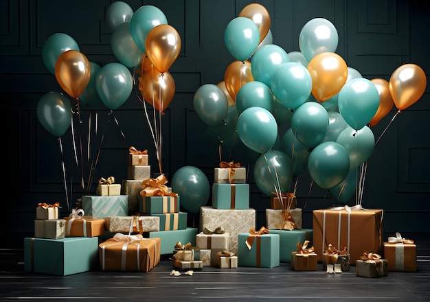 Foto alles Gute zum Geburtstag mit realistischen Luftballons und Geschenken