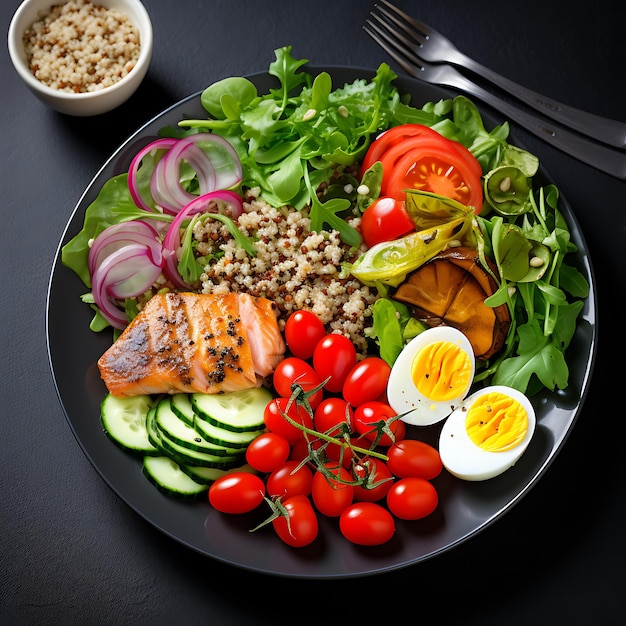 una foto de un almuerzo nutritivo y saludable La imagen muestra un plato colorido con verduras frescas