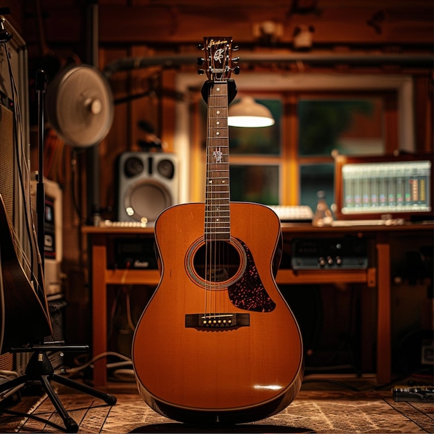 Foto de alta calidad de una guitarra acústica en un bonito estudio de música en casa