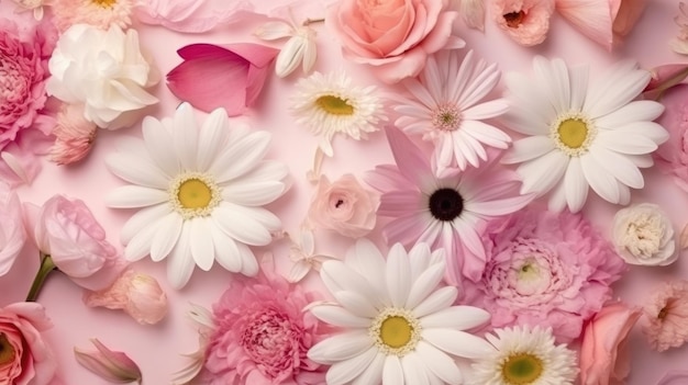 Una foto de alta calidad que muestra flores rosadas y blancas sobre un fondo rosa pastel IA generativa