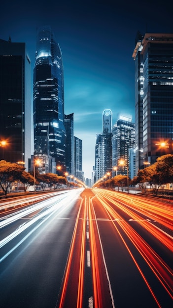 Foto de alta calidad, una toma de larga exposición de una concurrida calle de la ciudad por la noche.