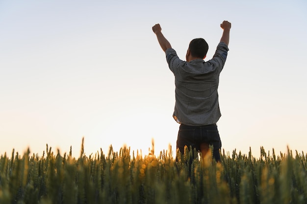 Foto de amanecer o atardecer de un chico con las manos levantadas mirando el sol y disfrutando el día Un hombre adulto solo en medio de un campo de trigo maduro Granjero o chico agrícola